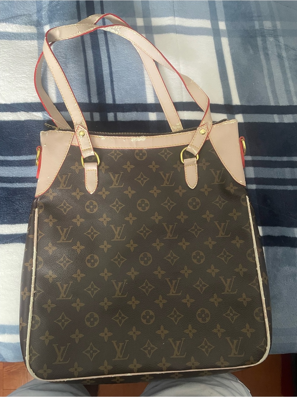 Louis Vuitton Brown Monogram Tote with Light Pink Trim and Red Edging